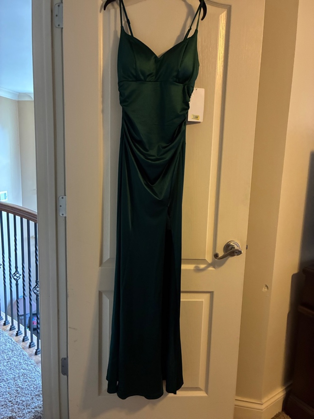 Honey and Rosie Deep Green Satin Maxi Dress with Spaghetti Straps